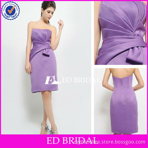 ES-6025 Strapless Ruched Bow Sash Short Column Ruffle Purple Western Wedding Bridesmaid Dresses